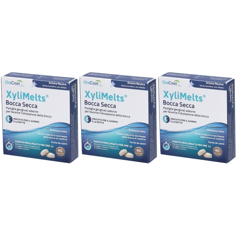 Tre confezioni di XyliMelts per bocca secca. Ogni confezione contiene 40 pastiglie.
