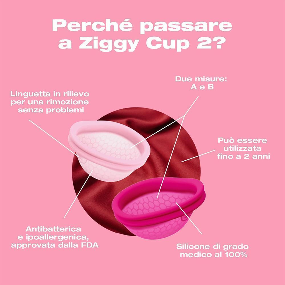 Due coppette mestruali rosa con spiegazioni sulle caratteristiche.