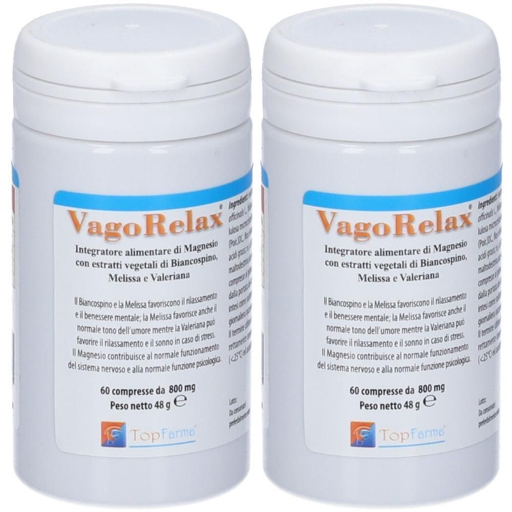 Due contenitori bianchi di integratori alimentari VagoRelax, 60 compresse per contenitore.