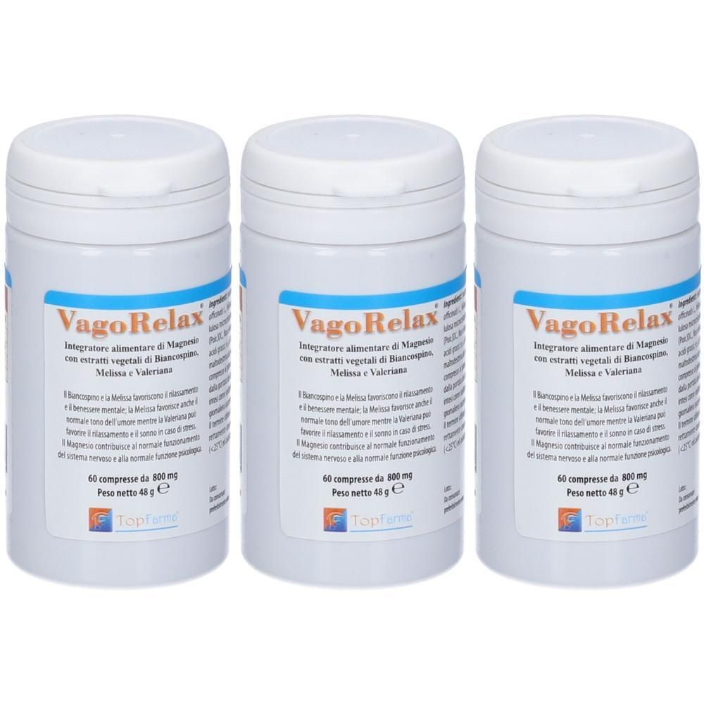 Tre contenitori bianchi con etichette VagoRelax, contenenti integratori alimentari.