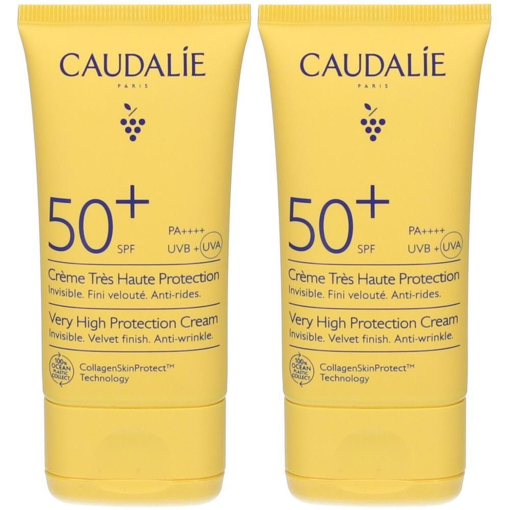 Due tubetti gialli di crema solare Caudalie SPF 50+ con PA++++, protezione UVB+UVA. "Very High Protection Cream".