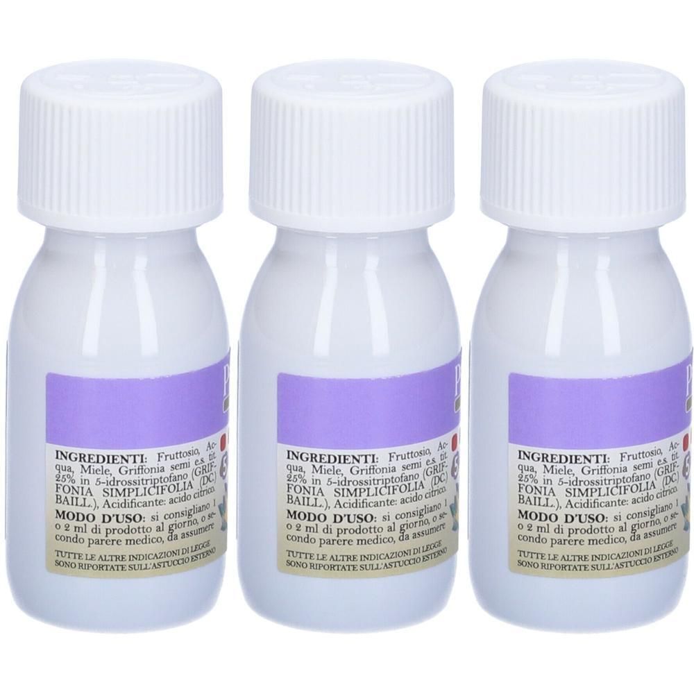 Tre flaconcini bianchi con etichette viola e tappi a vite bianchi.