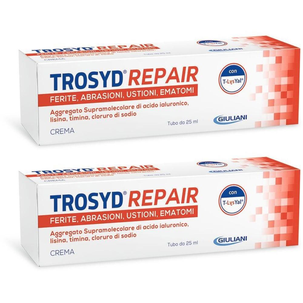 Due scatole di crema Trosyd Repair, ciascuna da 25 ml. Contiene aggregato di acido ialuronico.