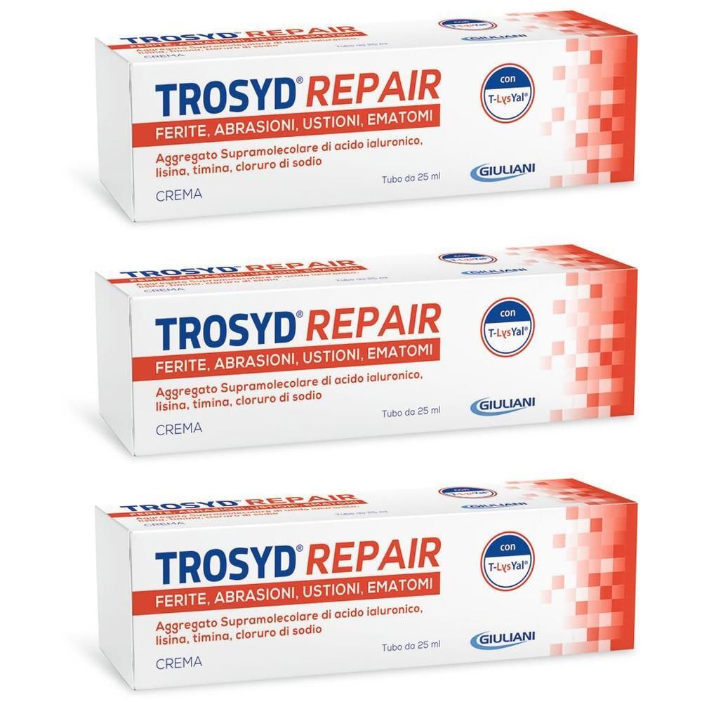 Tre scatole di crema Trosyd Repair con acido ialuronico.