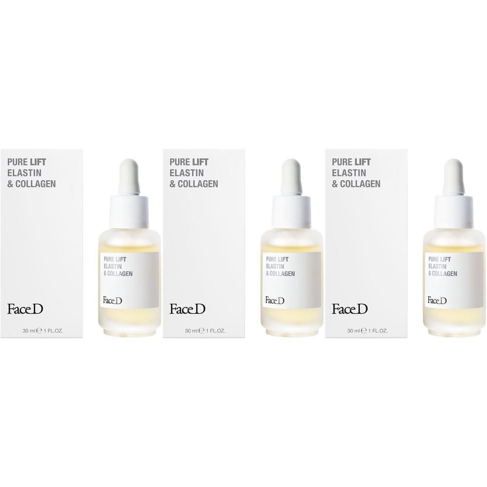 Quattro flaconi di Face D Pure Lift Elastina & Collagene con contagocce e confezione.