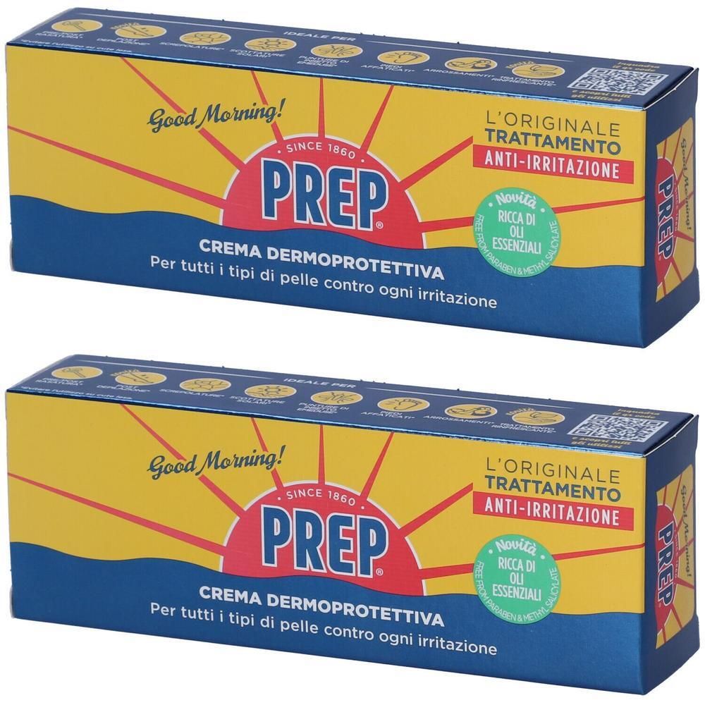 Due confezioni di Prep Crema Dermoprotettiva Anti-Irritazione. Packaging giallo con design blu e rosso.