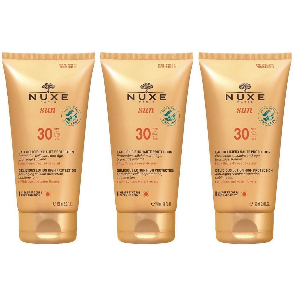 Tre tubi dorati Nuxe Sun Latte Solare Viso E Corpo SPF 30 con tappo a scatto.