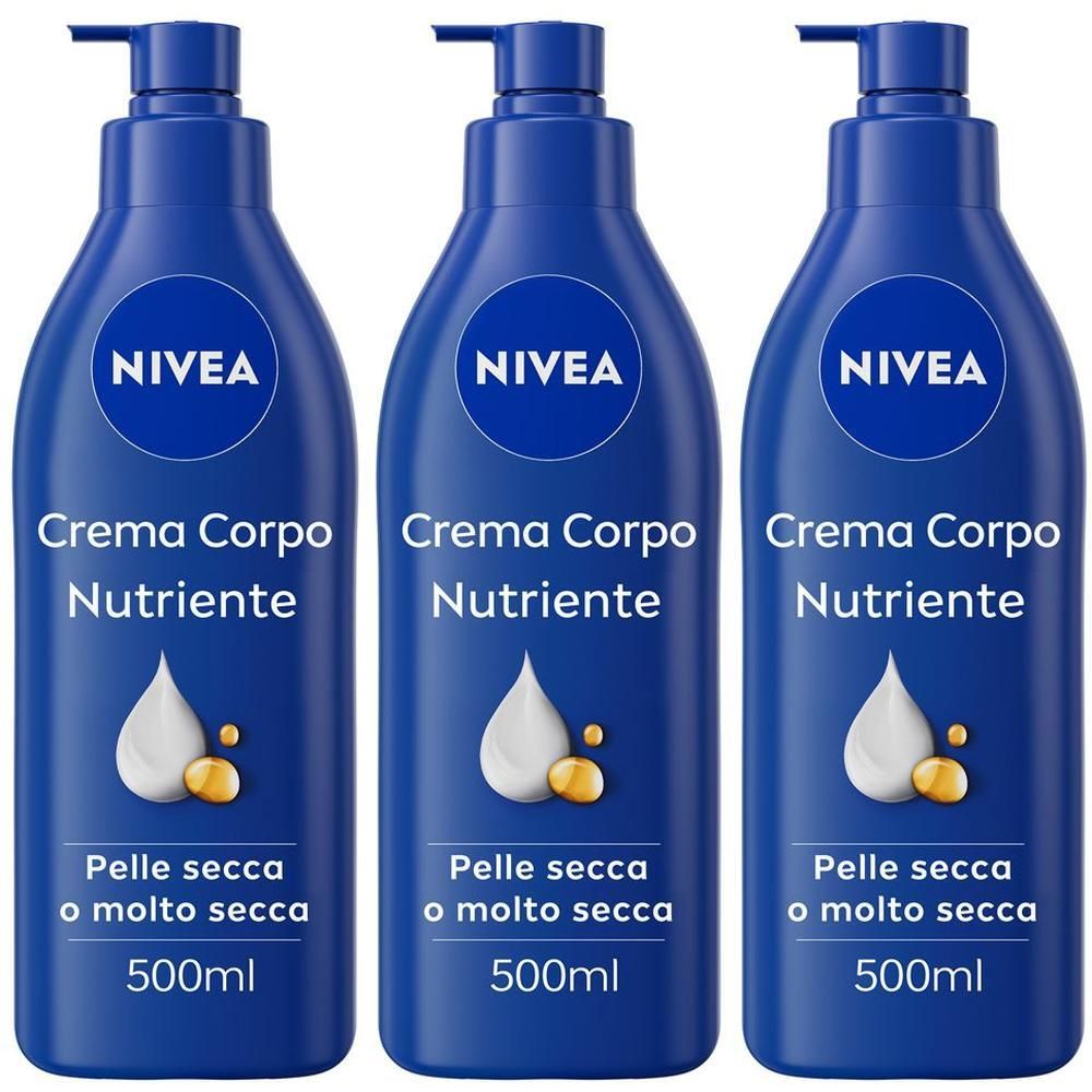Tre flaconi di Nivea Crema Corpo Nutriente con dispenser, per pelle secca.