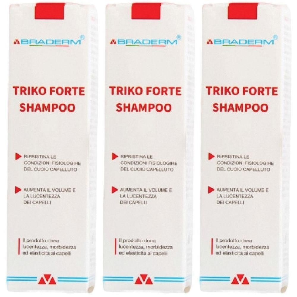 Tre confezioni di shampoo TRiKO FORTE con scritte rosse e blu su sfondo bianco.