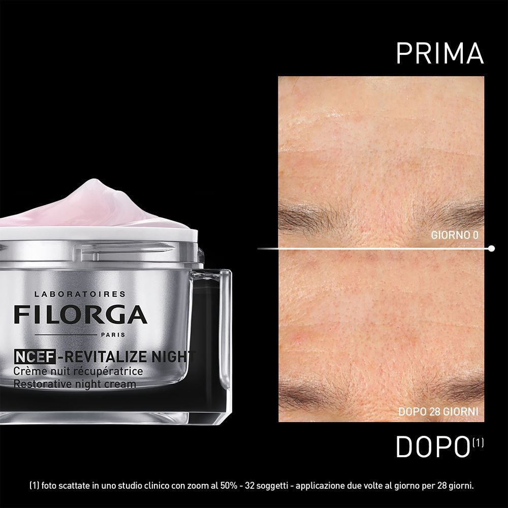 Confronto prima/dopo della pelle dopo 28 giorni di crema notte Filorga NCEF-Revitalize.