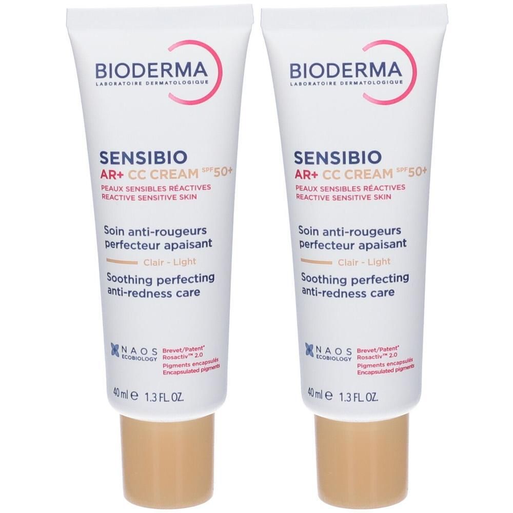 Due tubi di Bioderma Sensibio AR+ CC Cream SPF 50+ Chiaro, 40ml.