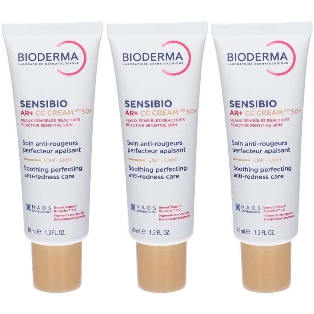Tre tubi di Bioderma Sensibio AR+ CC Cream SPF50+ Light, 40ml.