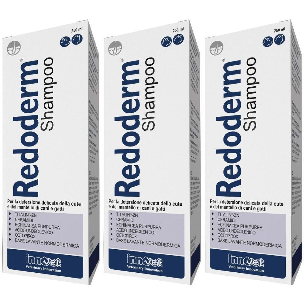Tre confezioni di Redoderm Shampoo, 250 ml ciascuna.