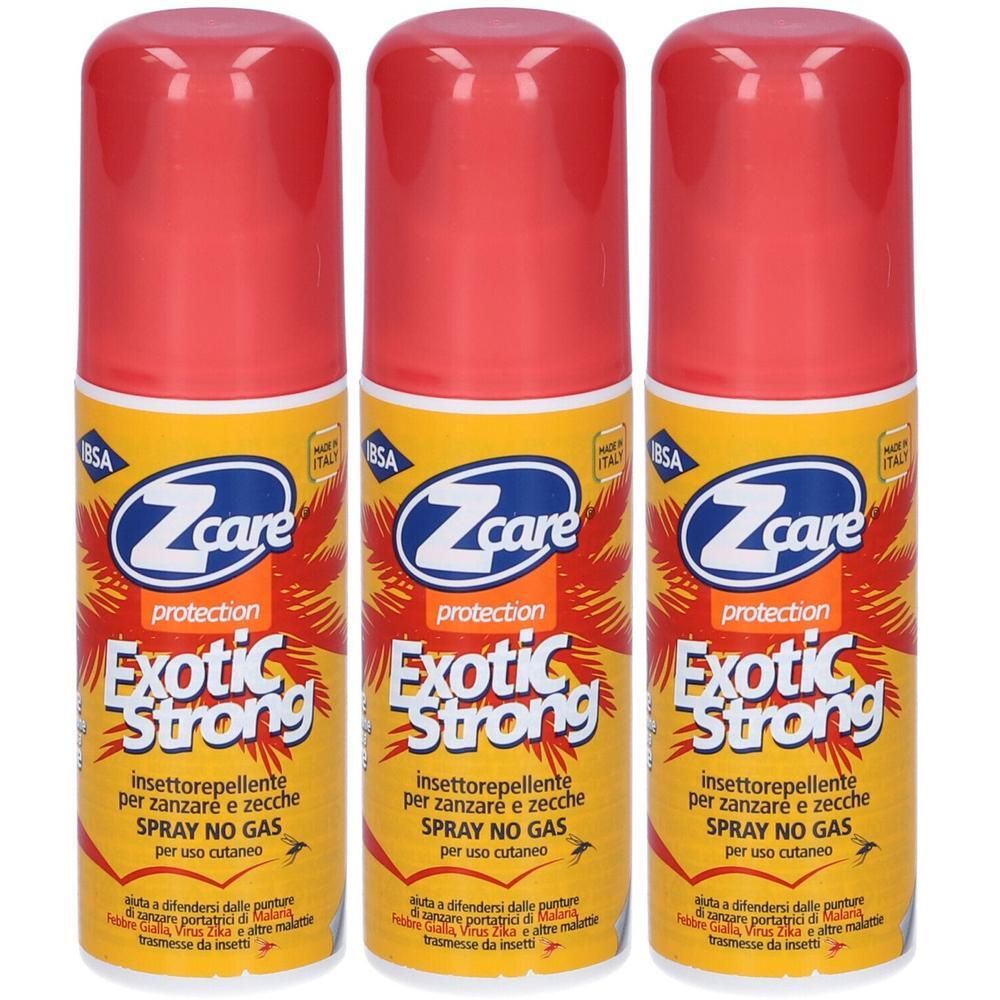 Tre bombolette spray con tappo rosso, etichetta gialla con scritta 'Zcare Exotic Strong'.