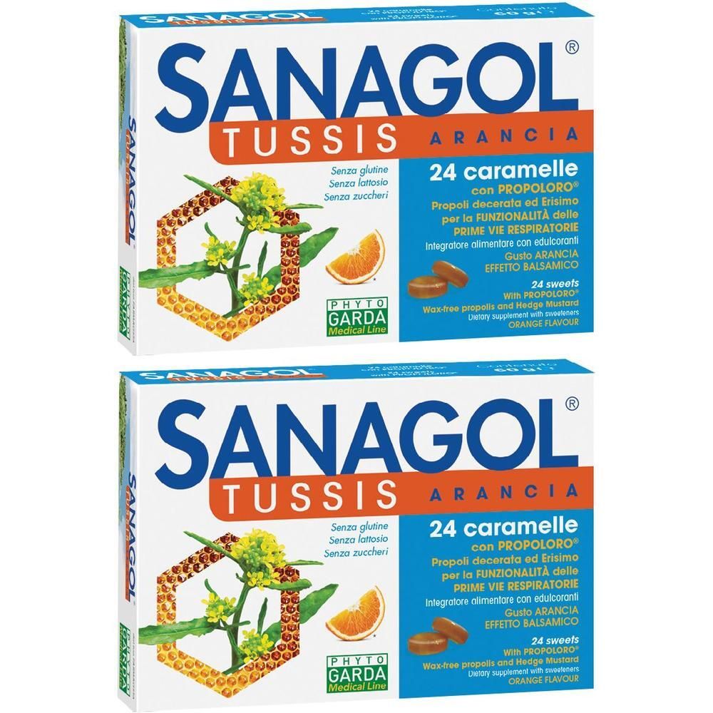 Due confezioni di Sanagol Tussis Arancia, 24 caramelle per confezione, con propoli e aroma arancia.
