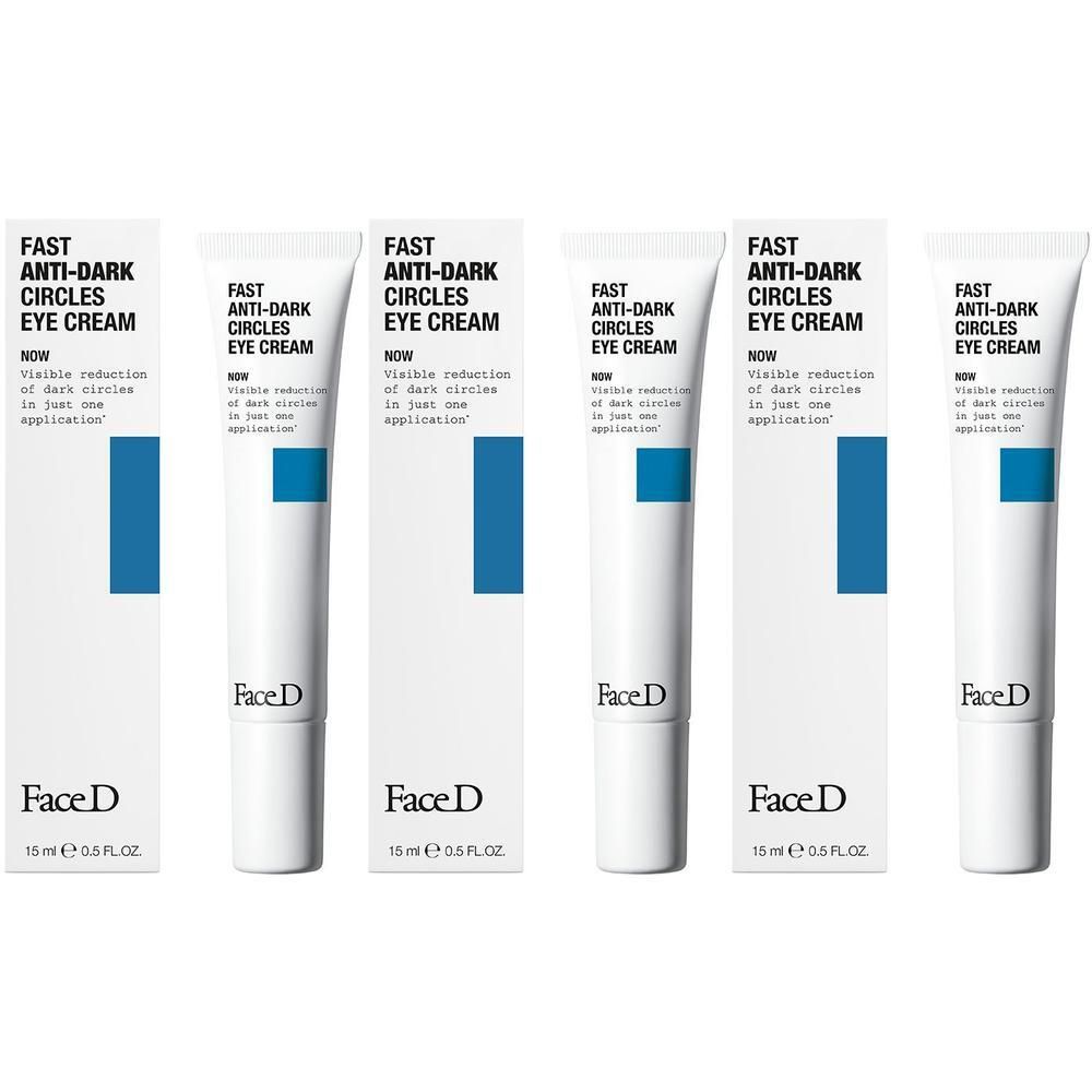 Cinque tubetti e scatole di crema contorno occhi con etichetta 'Fast Anti-Dark Circles Eye Cream'.
