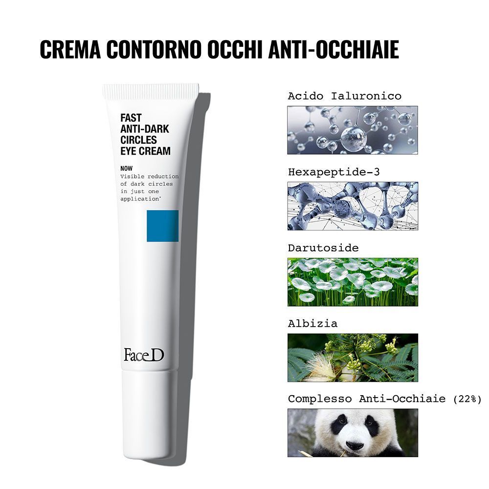Tubetto di crema contorno occhi con elenco ingredienti come Acido Ialuronico e Hexapeptide-3.