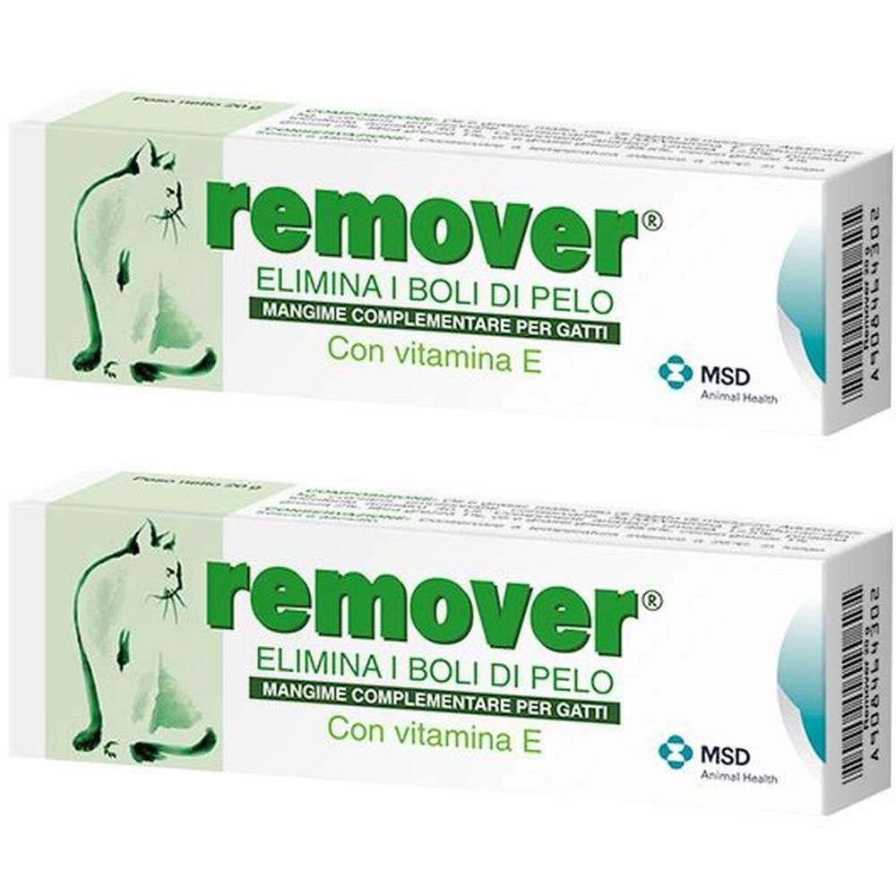 Due confezioni da 20 g di mangime complementare per gatti, marca Remover.