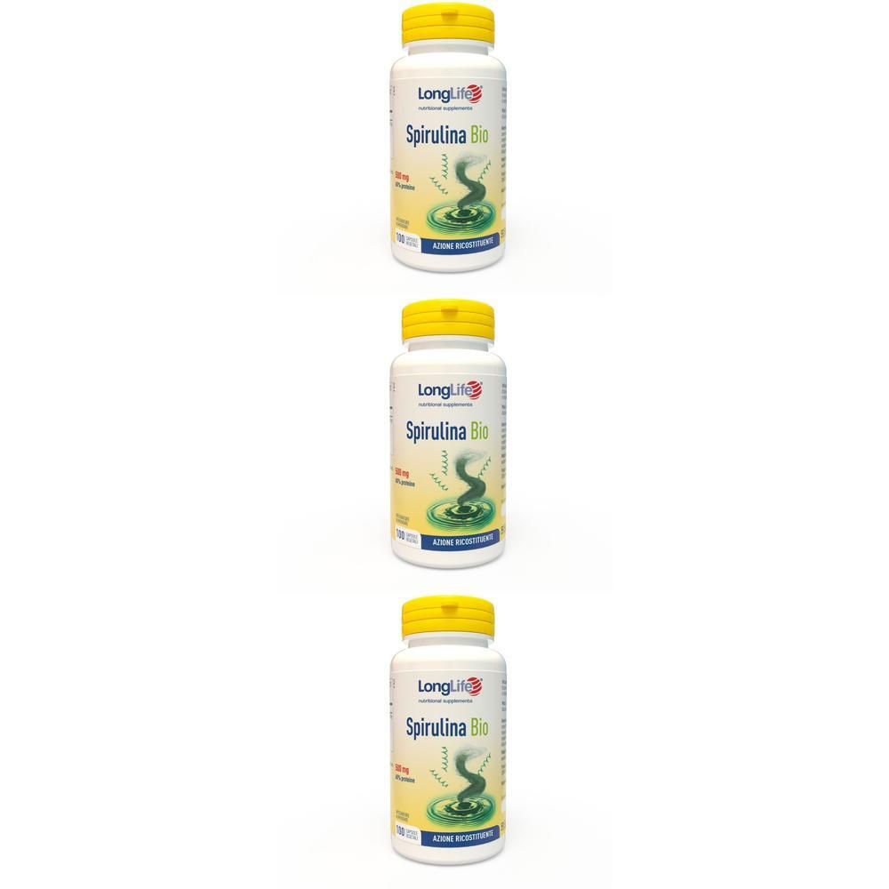 Tre flaconi di LongLife Spirulina Bio 500mg con tappi gialli. Etichette bianche con grafica spirulina verde.