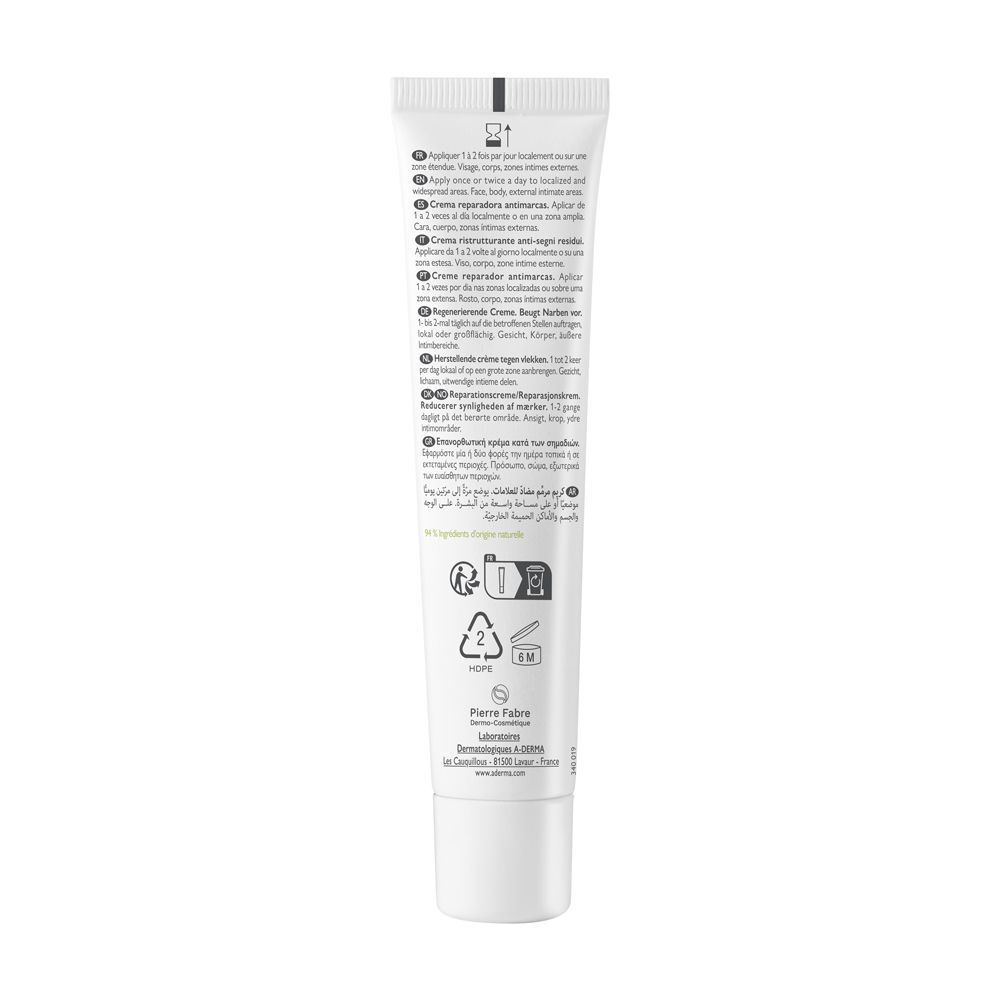 Retro di un tubetto di crema A-Derma Epitheliale Ultra Repair con istruzioni per l'uso.