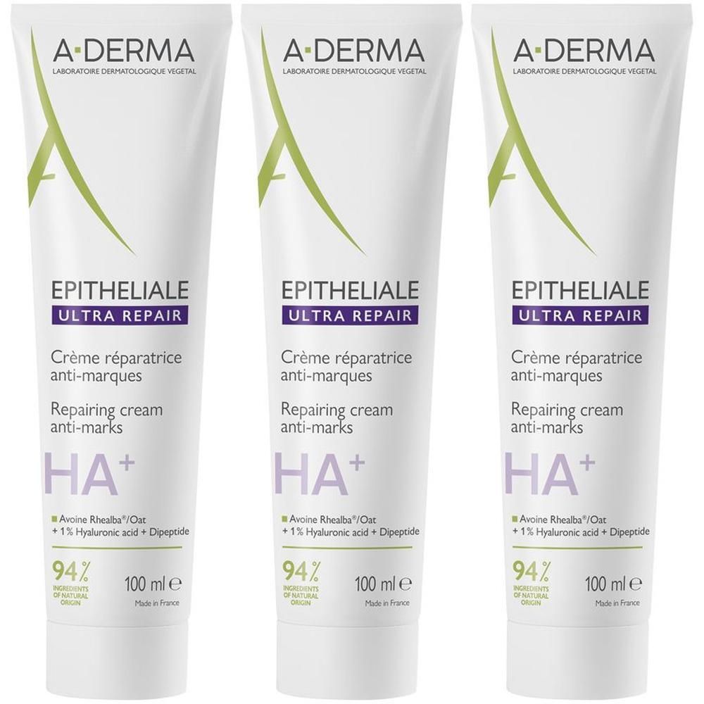 Tre tubi di crema A-Derma Epitheliale Ultra Repair uno accanto all'altro.