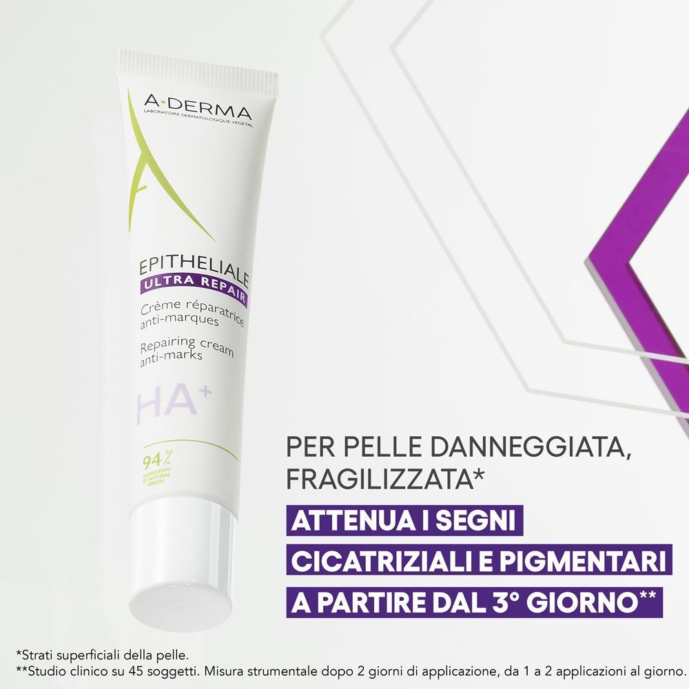Tubo di crema A-Derma Epitheliale Ultra Repair con testo sulla rigenerazione della pelle.