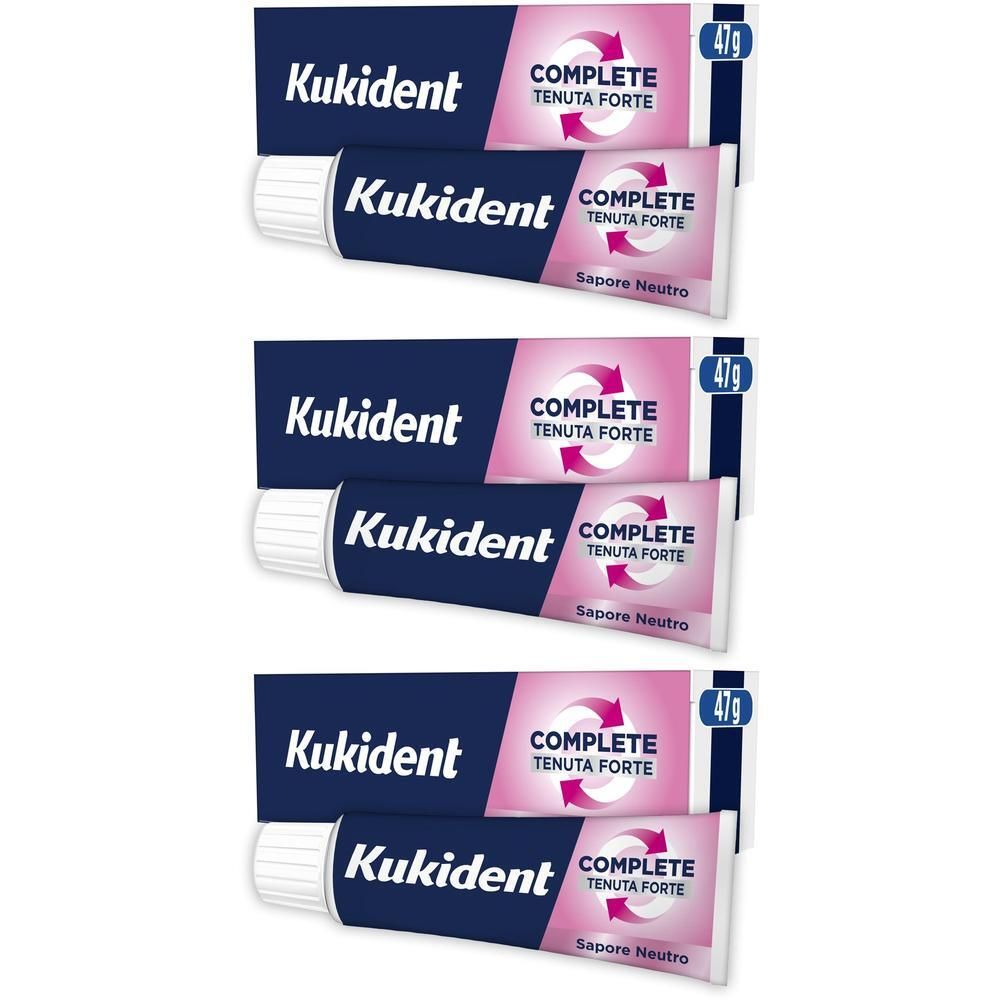 Tre tubetti di Kukident Complete Tenuta Forte Sapore Neutro, da 47g.