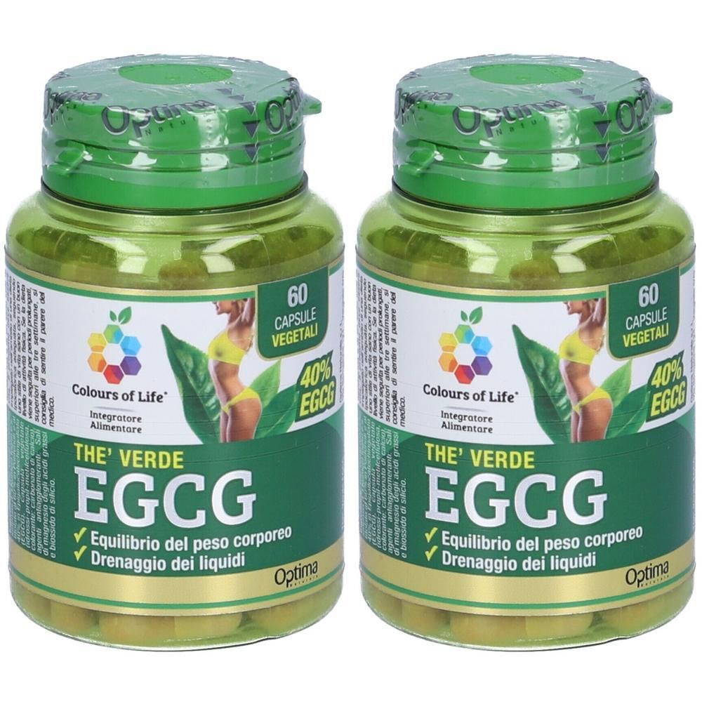 Due contenitori verdi con 60 capsule vegetali EGCG ciascuno di Colours of Life.