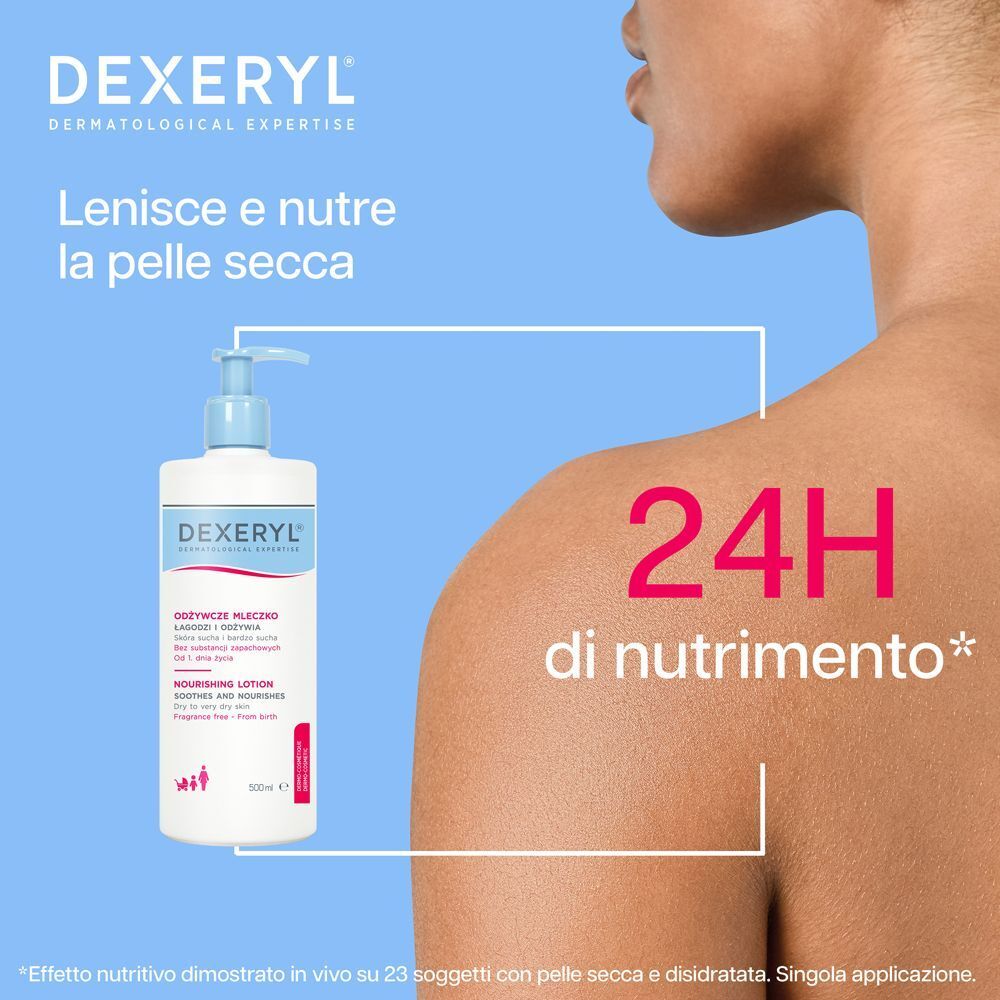 Flacone Dexeryl Latte Nutritivo sulla spalla di una persona, 24 ore di nutrimento in evidenza.