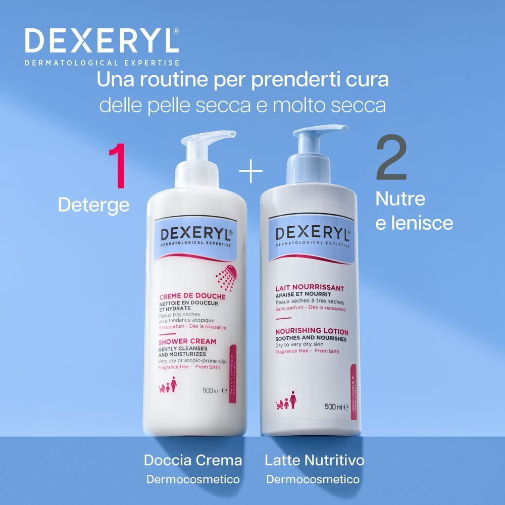 Crema doccia Dexeryl e latte nutriente Dexeryl uno accanto all'altro per una routine.