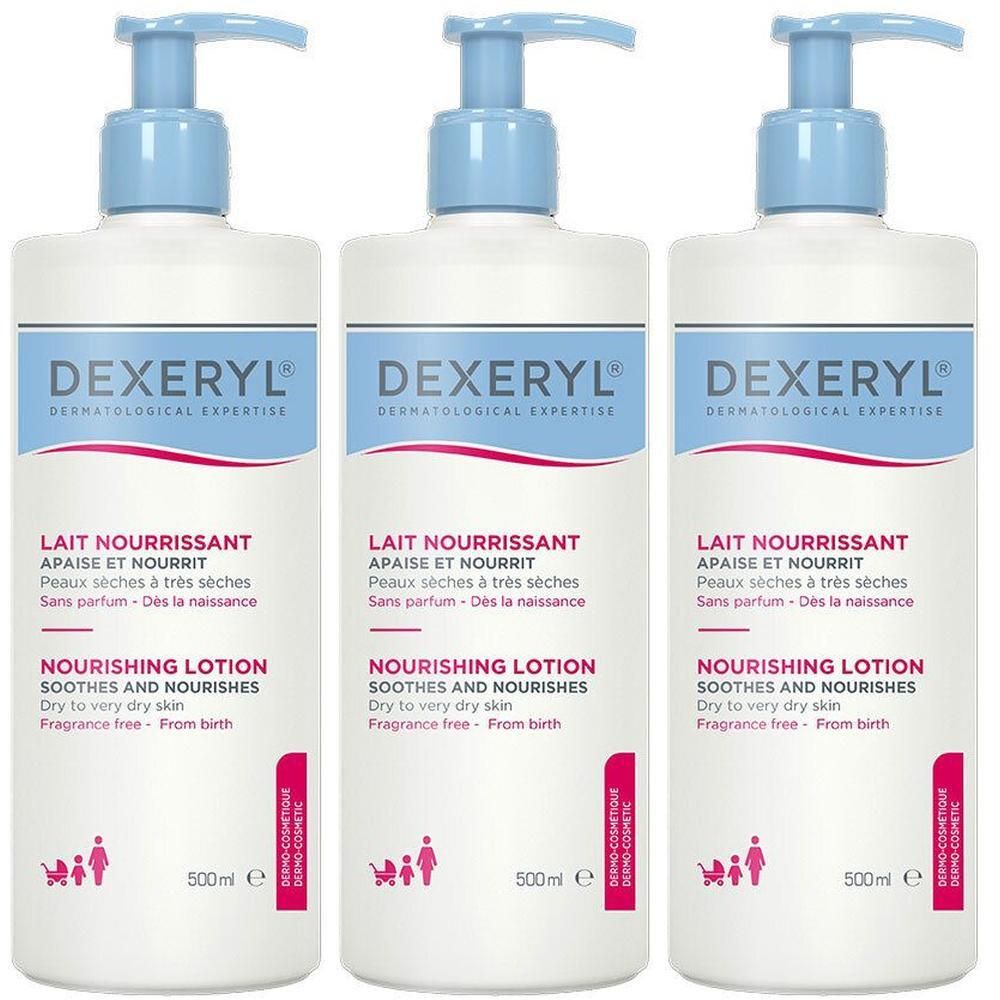 Tre flaconi pompa bianchi Dexeryl Latte Nutritivo con applicatori blu.