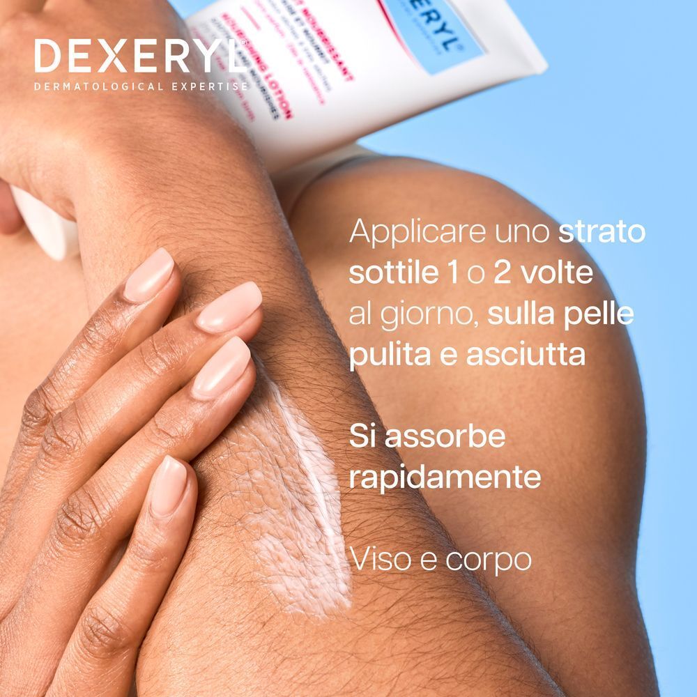 Una mano applica Dexeryl Latte Nutritivo su pelle secca.