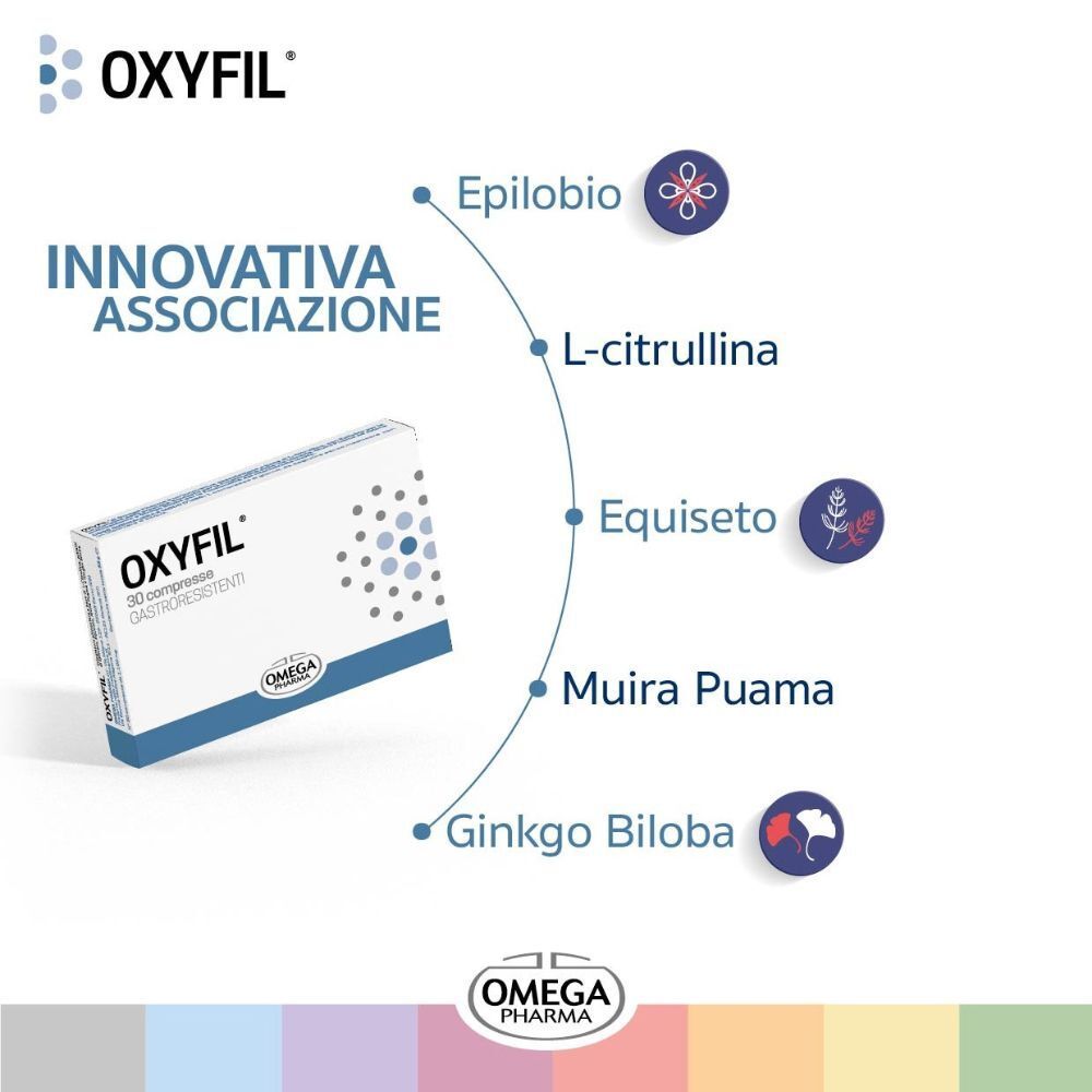 Confezione OXYFIL® con ingredienti: Epilobio, L-Citrullina, Equiseto, Muira Puama, Ginkgo Biloba.