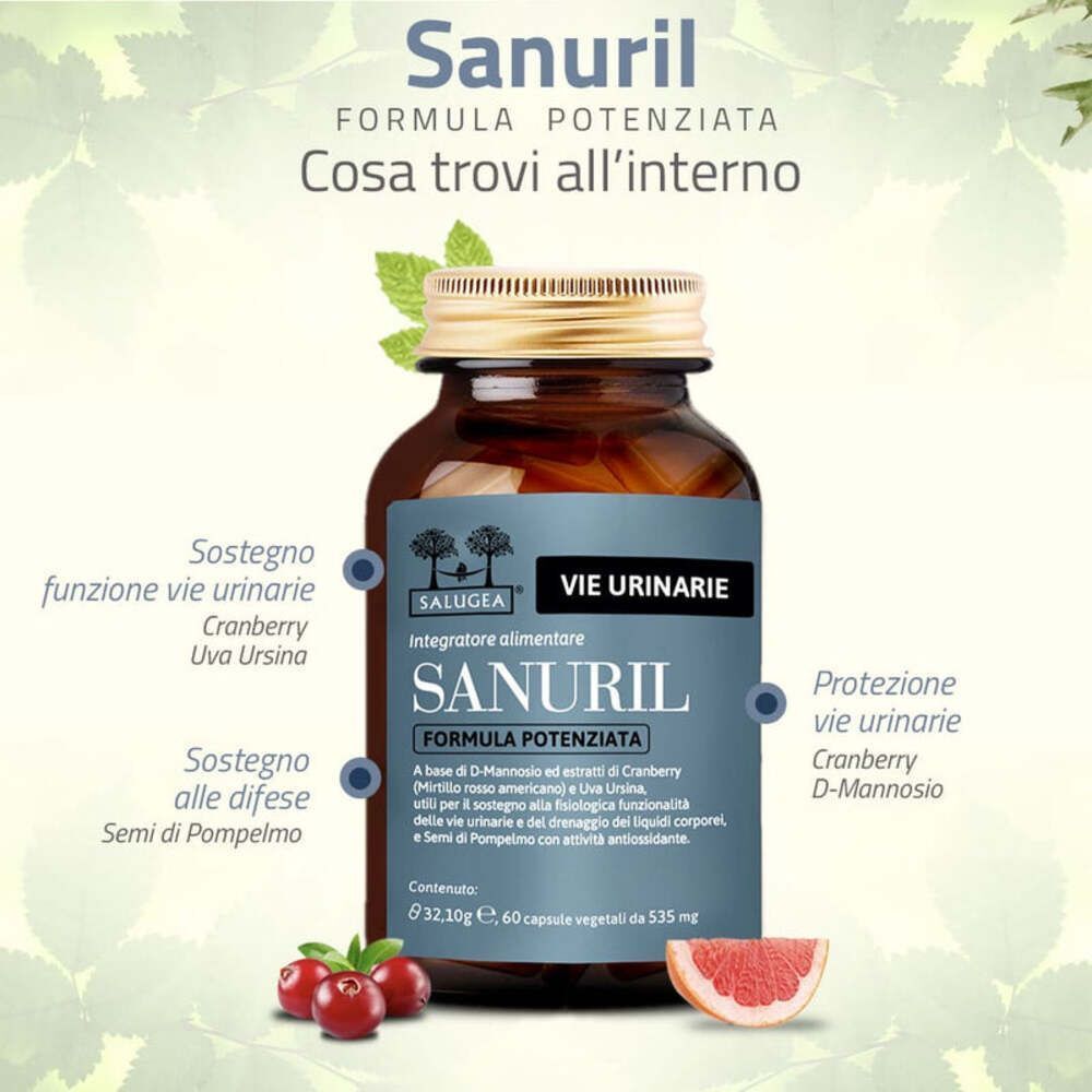 Un flacone in vetro marrone Sanuril con etichetta, mirtilli rossi e pompelmo accanto. Il testo spiega ingredienti e benefici.