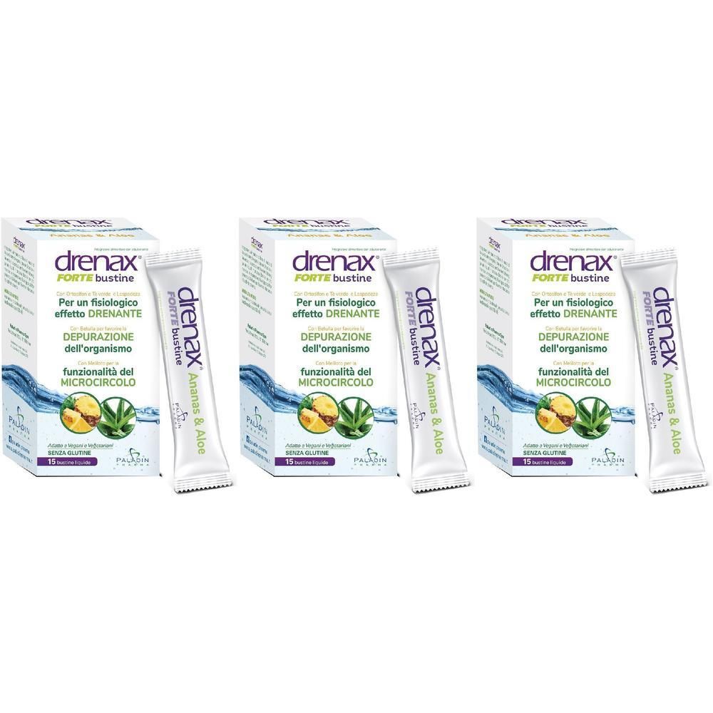 Tre confezioni di Drenax Forte Ananas & Aloe, ciascuna con 15 bustine per una fisiologica funzione drenante.