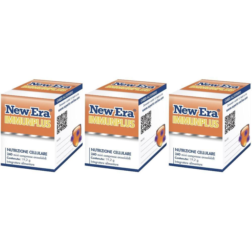 Tre confezioni di New Era Immunplus, integratore alimentare per la nutrizione cellulare.