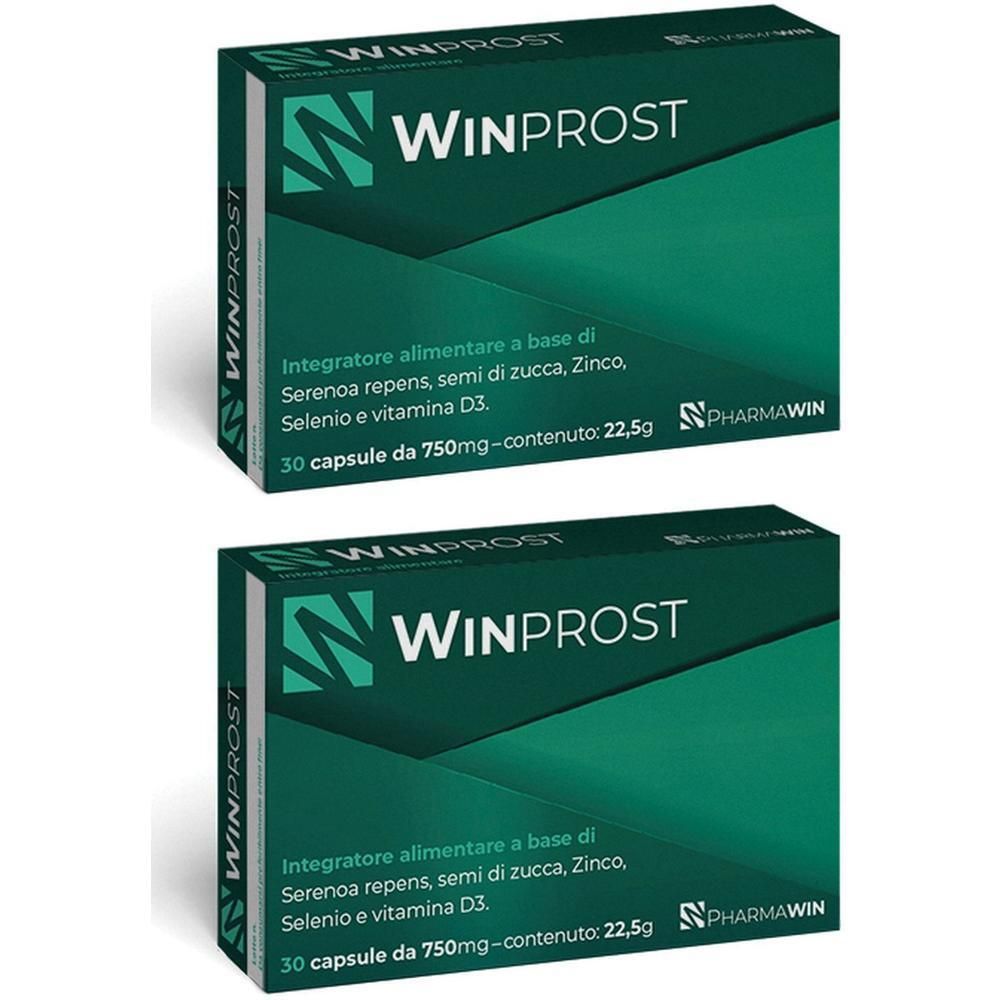 Due confezioni di capsule Winprost, 30 capsule per confezione, con informazioni su ingredienti e marchio.