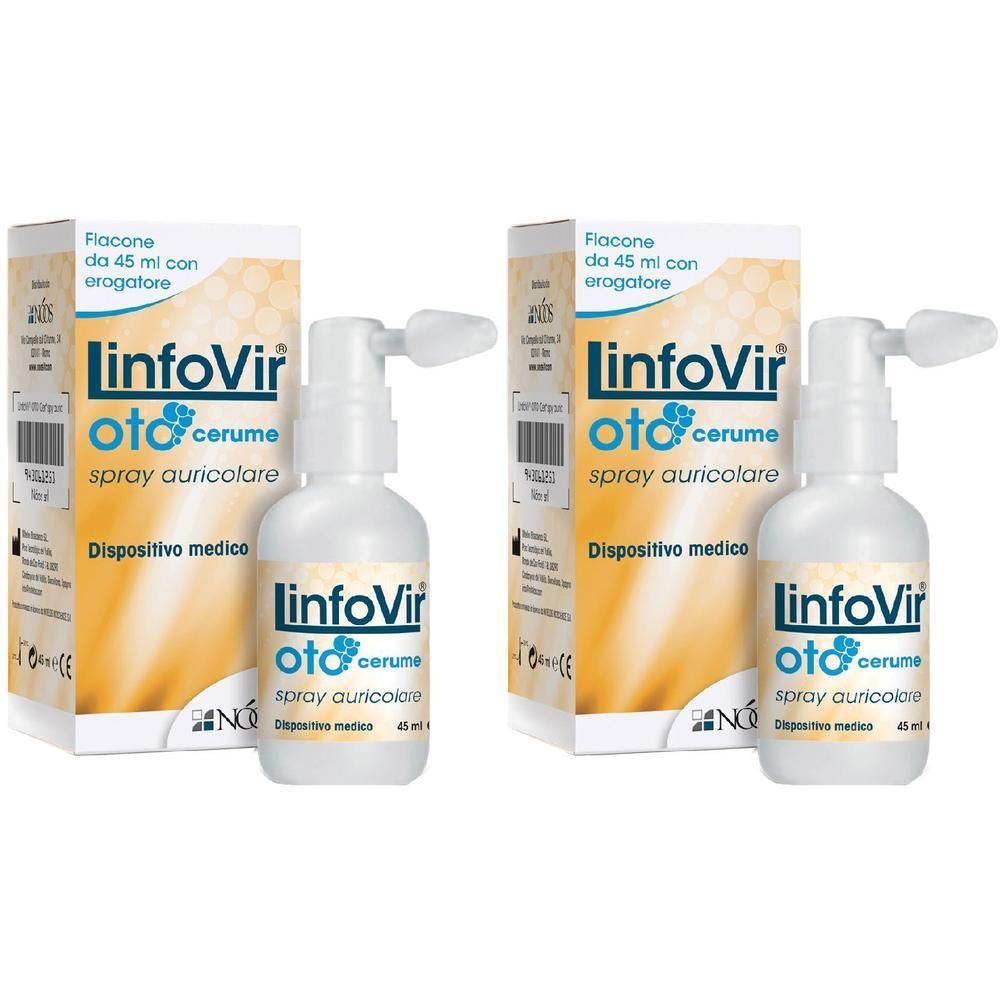 Due flaconi di Linfovir OTO Cerume Spray Auricolare con erogatore. Confezione in cartone con informazioni sul prodotto.