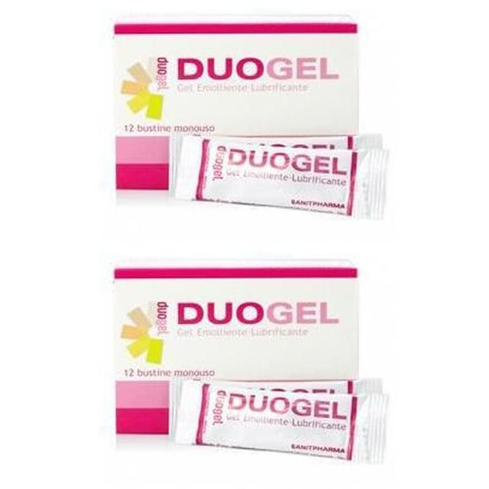 Due confezioni di DUOGEL, ciascuna con 12 bustine monodose di gel emolliente lubrificante.