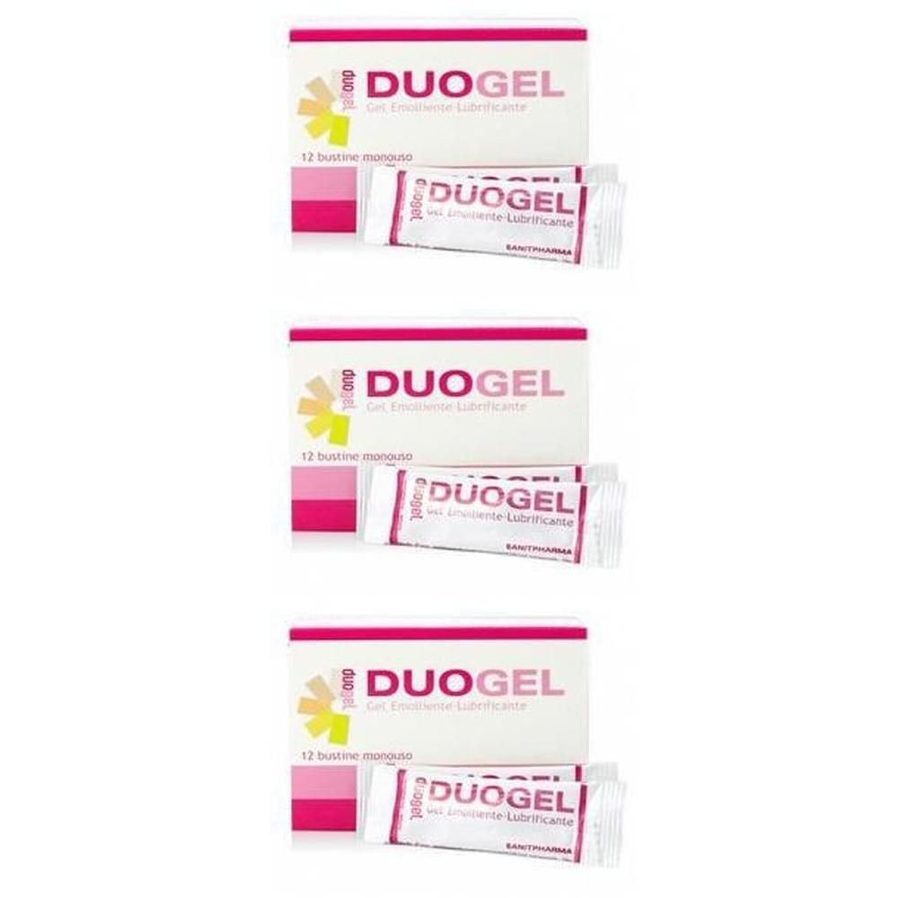 Tre confezioni di DUOGEL, ciascuna con 12 bustine monodose di gel.
