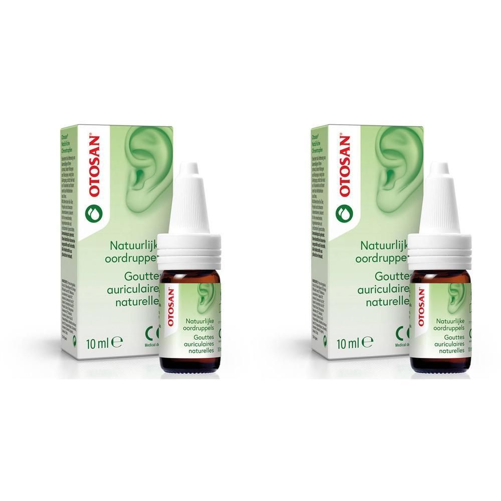 Due flaconi di Otosan Gocce Auricolari Naturali con tappo contagocce e confezione esterna.
