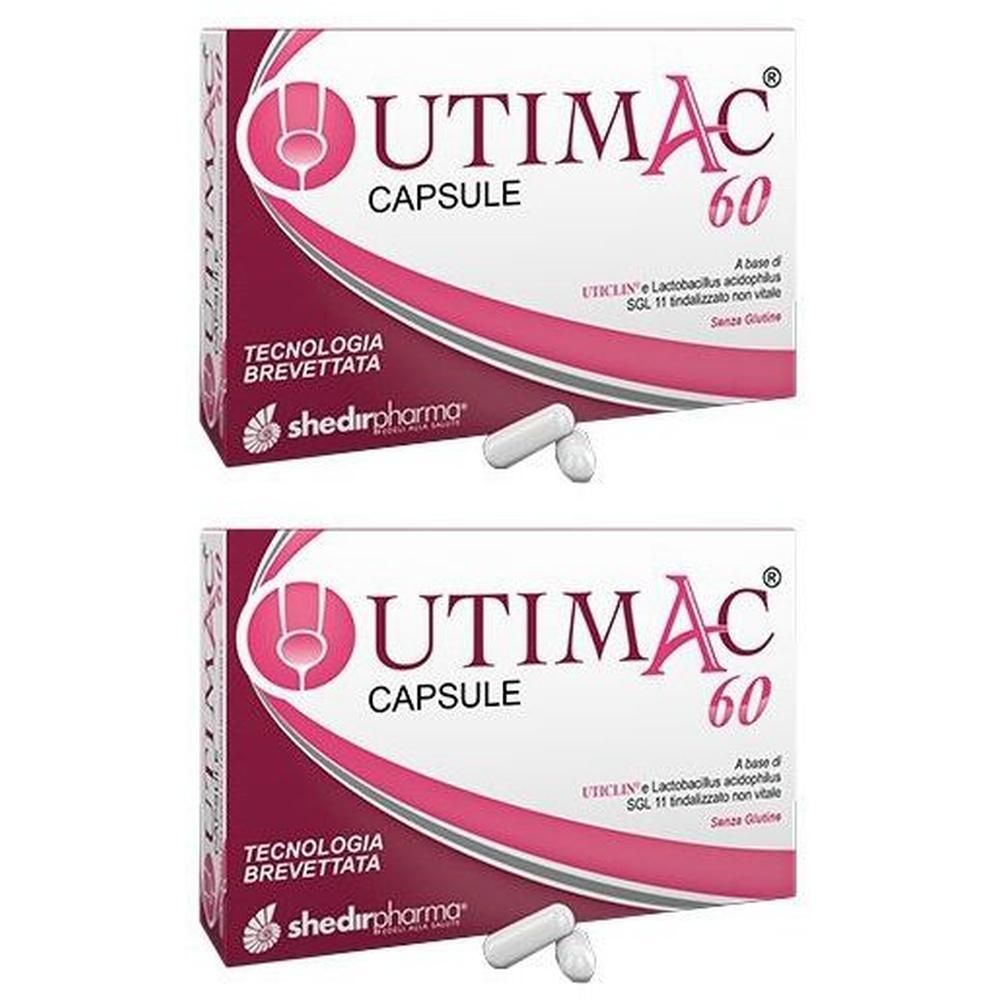 Due confezioni di Utimac 60 capsule con due capsule accanto.