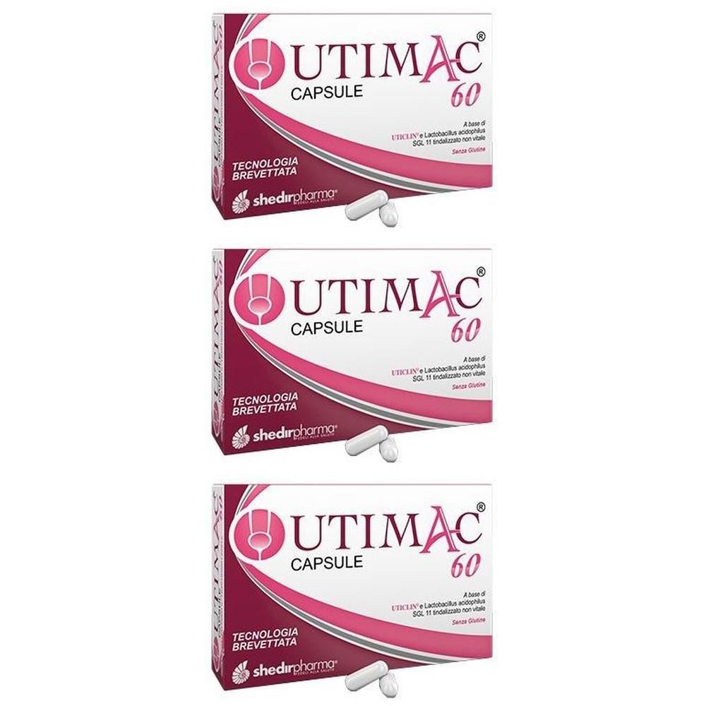 Tre confezioni di Utimac 60 capsule da 60 capsule. Design della confezione rosa e bianco.