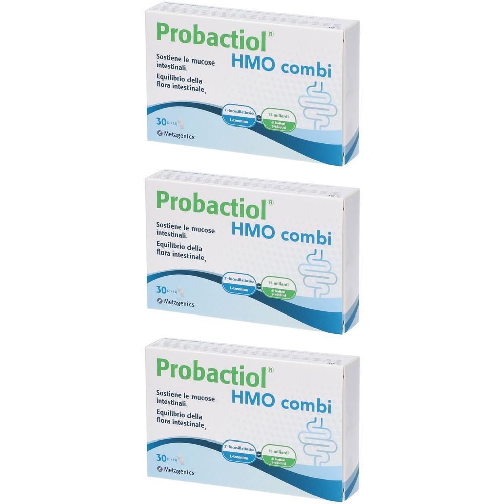 Tre confezioni di Metagenics Probactiol HMO Combi da 30 capsule. Scatola di cartone con simbolo intestinale.