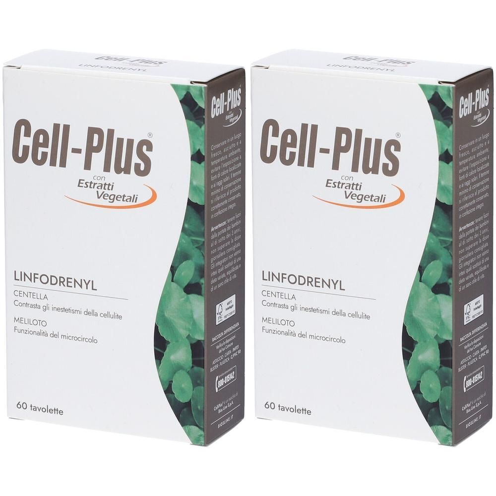 Due confezioni di Cell-Plus Linfodrenyl Tavolette, 60 tavolette per confezione. Scatole bianche con motivi vegetali verdi.