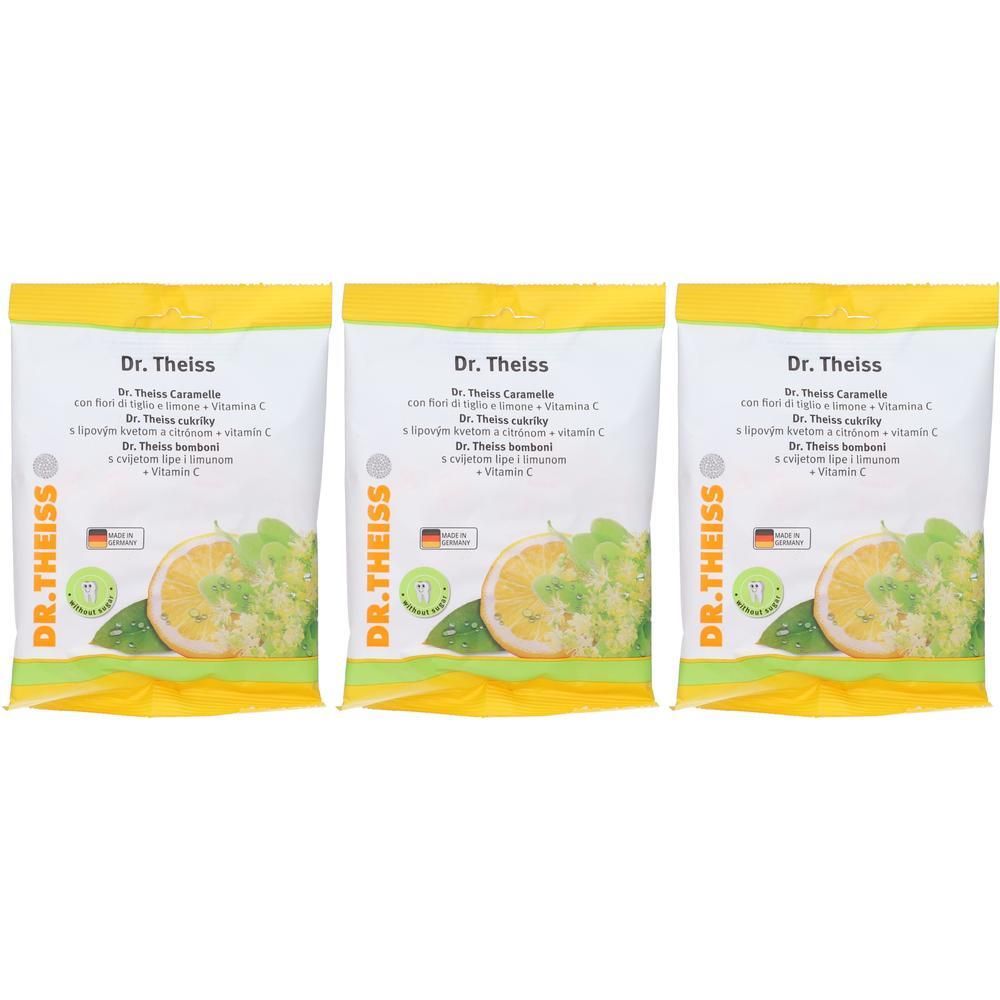 Tre confezioni di caramelle Dr. Theiss con tiglio, limone e vitamina C. Sono raffigurate fette di limone e fiori di tiglio.