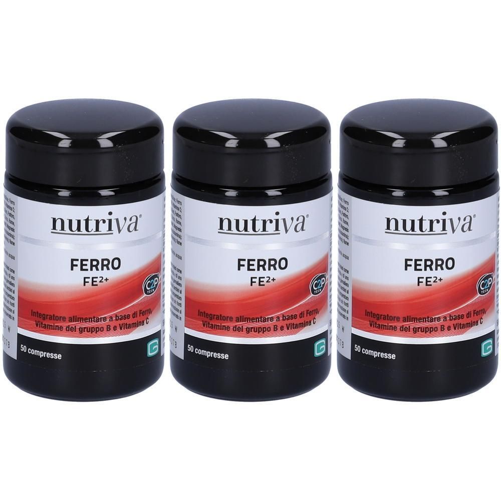 Tre contenitori Nutriva Ferro FE2+ con tappi neri ed etichette bianche che indicano ferro, vitamine del gruppo B e vitamina C.