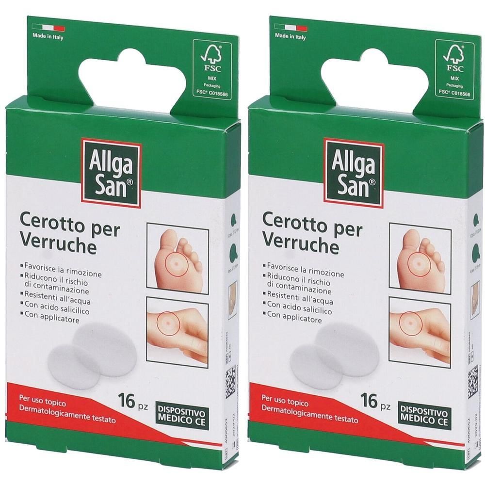 Due confezioni di cerotti Allga San per verruche, 16 pezzi per confezione. Con illustrazioni di applicazione sul piede.