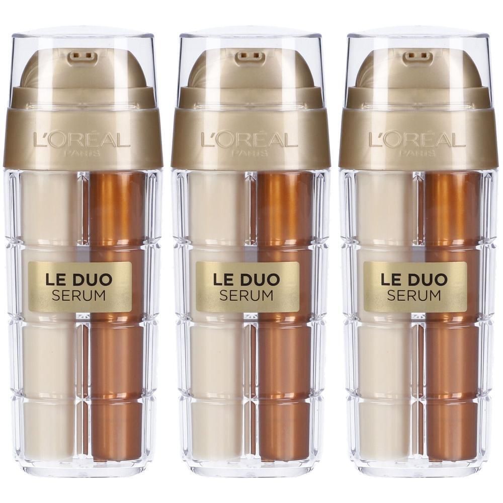 Tre sieri L'Oréal Paris Age Perfect Duo in flaconi trasparenti con tappi ed etichette dorate.