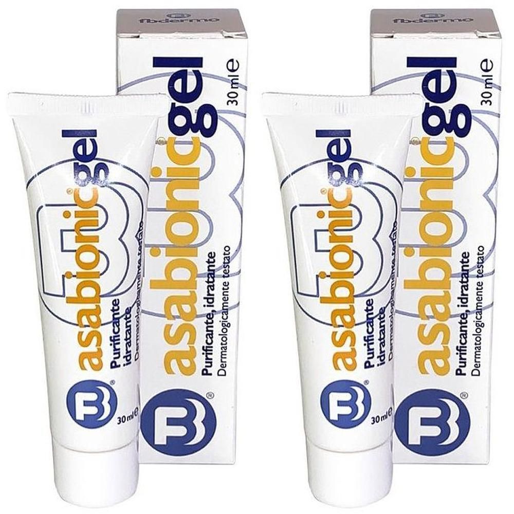 Due tubetti di Asabionic Gel da 30 ml ciascuno, in confezione. Il gel è per la purificazione e idratazione del viso.